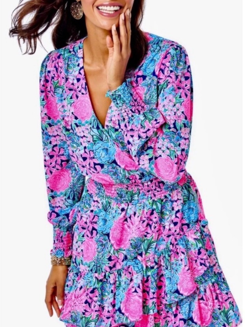 Lilly Pulitzer Cristiana Long Sleeve Stretch Dress In Full Bloom Pink Blue 2